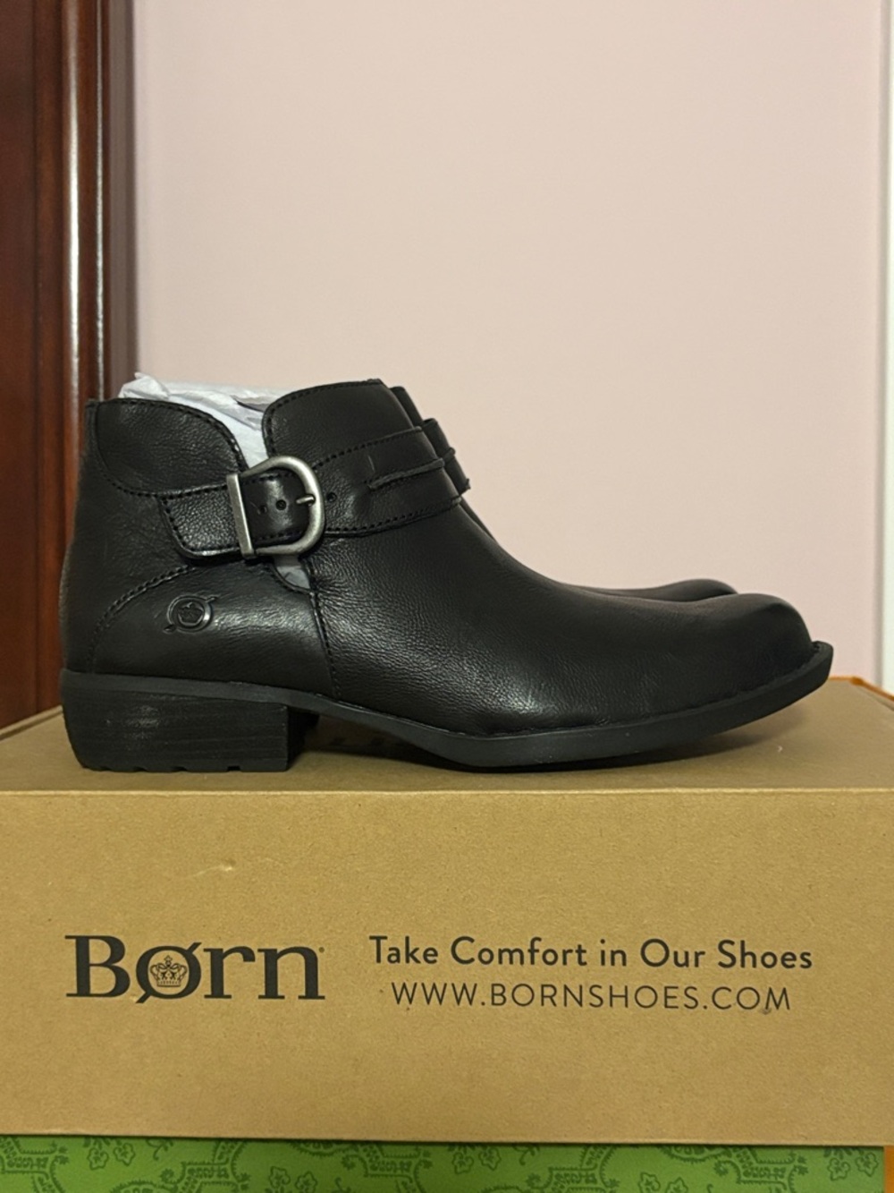 Born Black Leather Ankle Boot with Buckle Strap